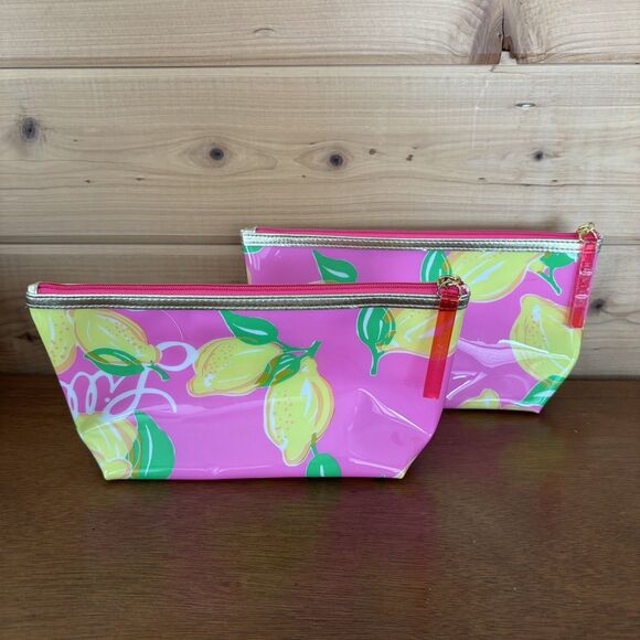 2 Lilly Pulitzer/ Estee Lauder Make Up Bags Pink & Lemons Zip Cosmetic Travel - Picture 4 of 10